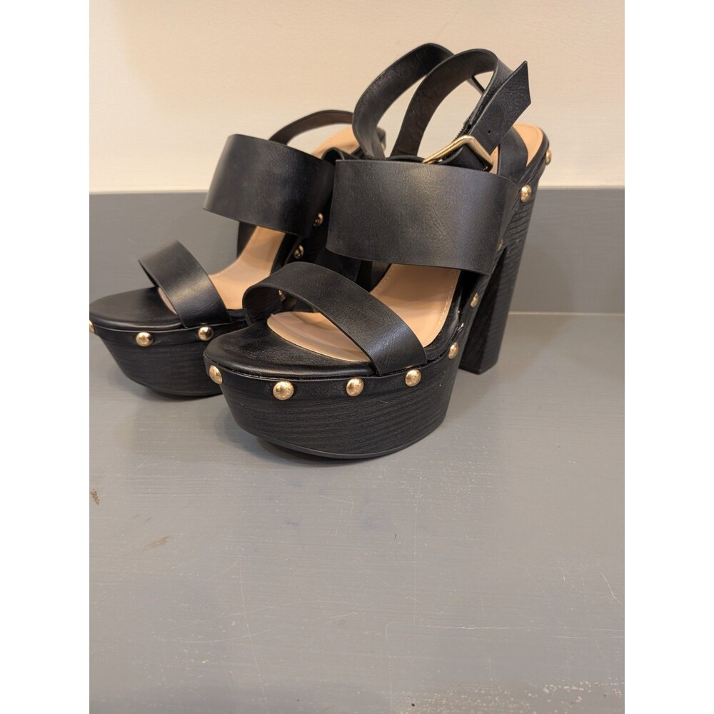 Black Platform Chunky Block Heel Gold Tone Metal Stud Sandals